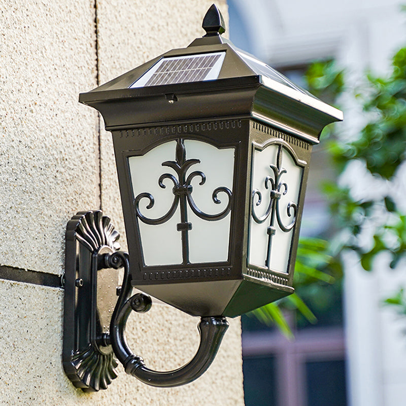 Vintage Courtyard Solar Wall Light - House Shaped Metal Lamp With Frost Glass Shade