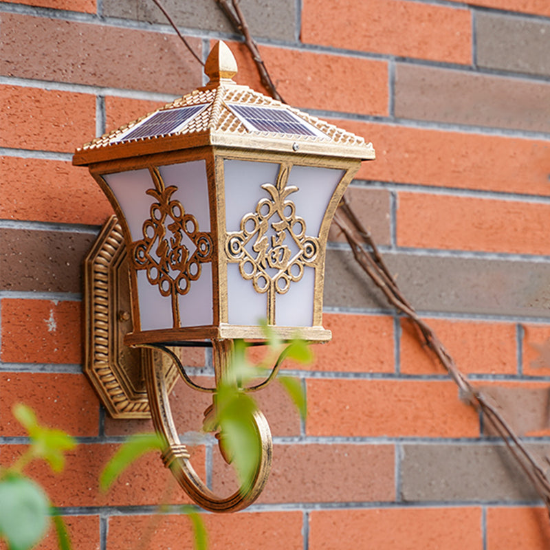 Vintage Courtyard Solar Wall Light - House Shaped Metal Lamp With Frost Glass Shade Bronze / C