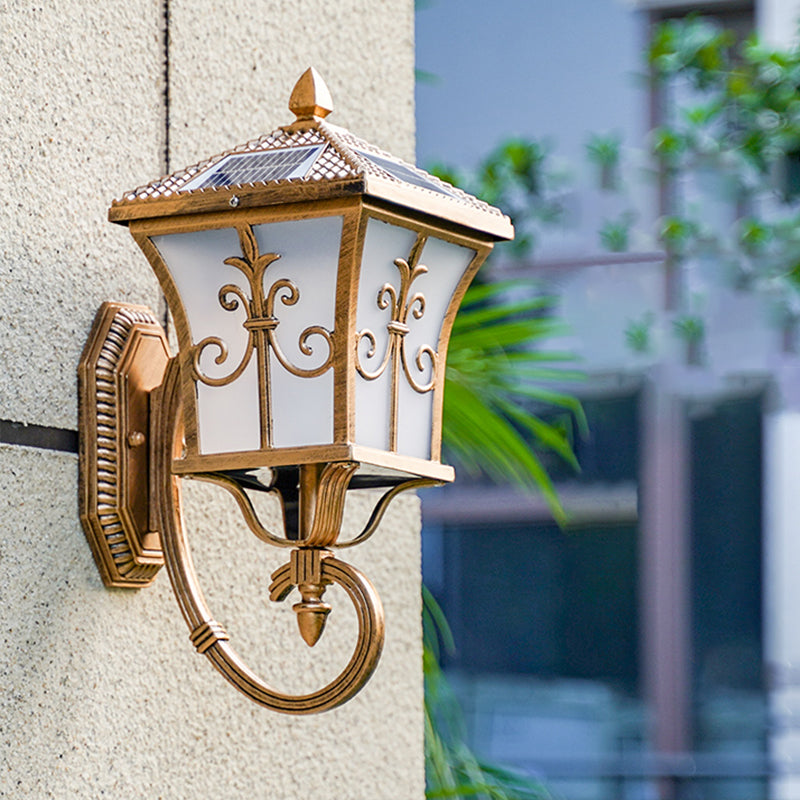 Vintage Courtyard Solar Wall Light - House Shaped Metal Lamp With Frost Glass Shade Bronze / D
