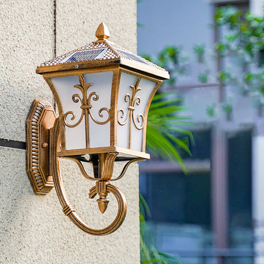 Vintage Courtyard Solar Wall Light - House Shaped Metal Lamp With Frost Glass Shade Bronze / D