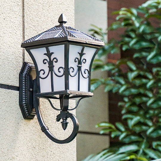 Vintage Courtyard Solar Wall Light - House Shaped Metal Lamp With Frost Glass Shade Black / D