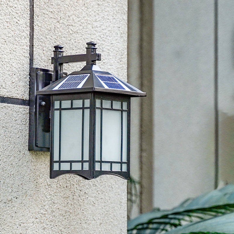 Vintage Courtyard Solar Wall Light - House Shaped Metal Lamp With Frost Glass Shade Black / E