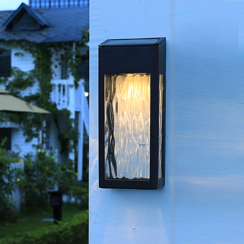 Vintage Rectangular Glass Solar Wall Light With Ripple Design - Outdoor Led Lamp In Black