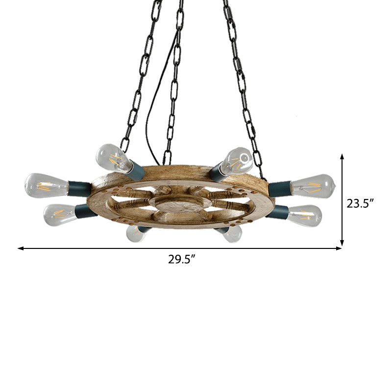 Industrial Wood 8-Light Wheel Chandelier With Black Chain - Dining Room Ceiling Fixture