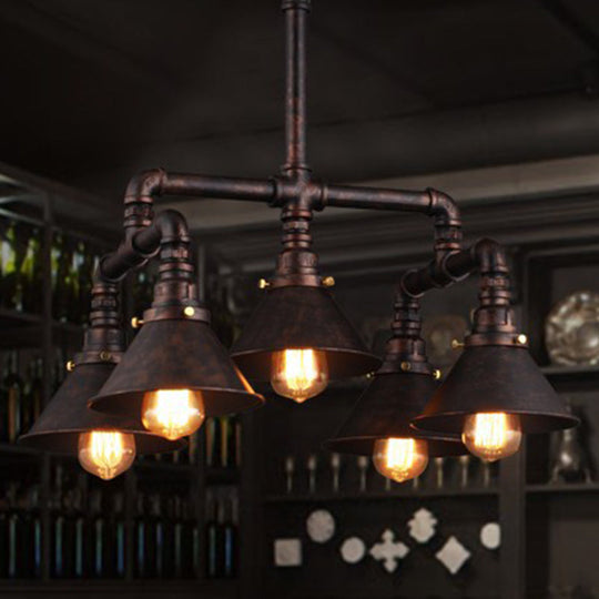 Metal Industrial 5-Bulb Ceiling Lamp With Cone Shade - Rust Chandelier Pendant Light For Dining Room