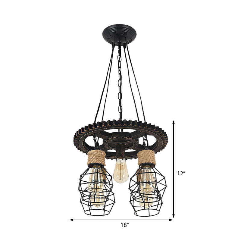 Industrial Black Metal And Rope Pendant Chandelier With Gear Shelf - 5-Light Globe Design For