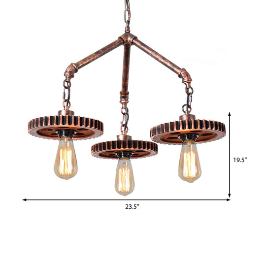Industrial Open Metal Chandelier - 3-Light Pendant Lighting In Weathered Copper Gear For Dining Room