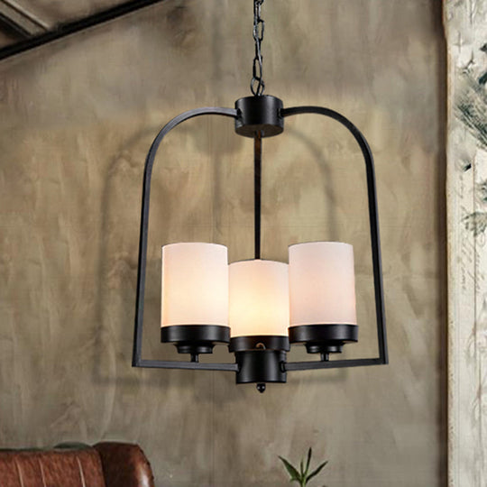 Modern Matte Black Industrial Chandelier With Opal Glass - 3 Light Dining Room Hanging Lamp