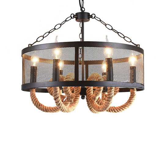 Industrial Rope Black Pendant Lamp Chandelier With 6 Candle Lights And Wire Mesh Fixture
