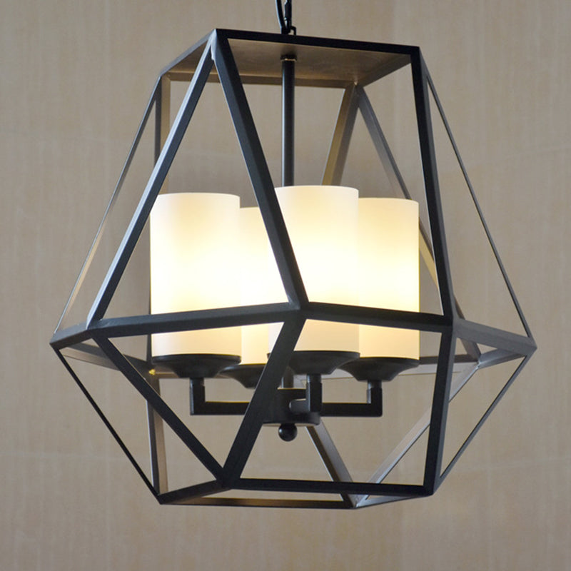 Geometric Opal Glass Dining Room Pendant Chandelier | Industrial Black Hanging Fixture With Cage