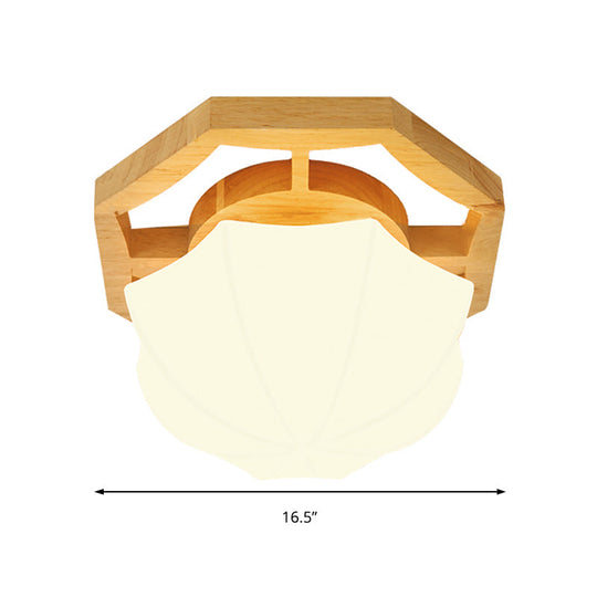 Modern Milk Glass Beige Led Flush Mount Lamp With Wood Canopy - Various Sizes
