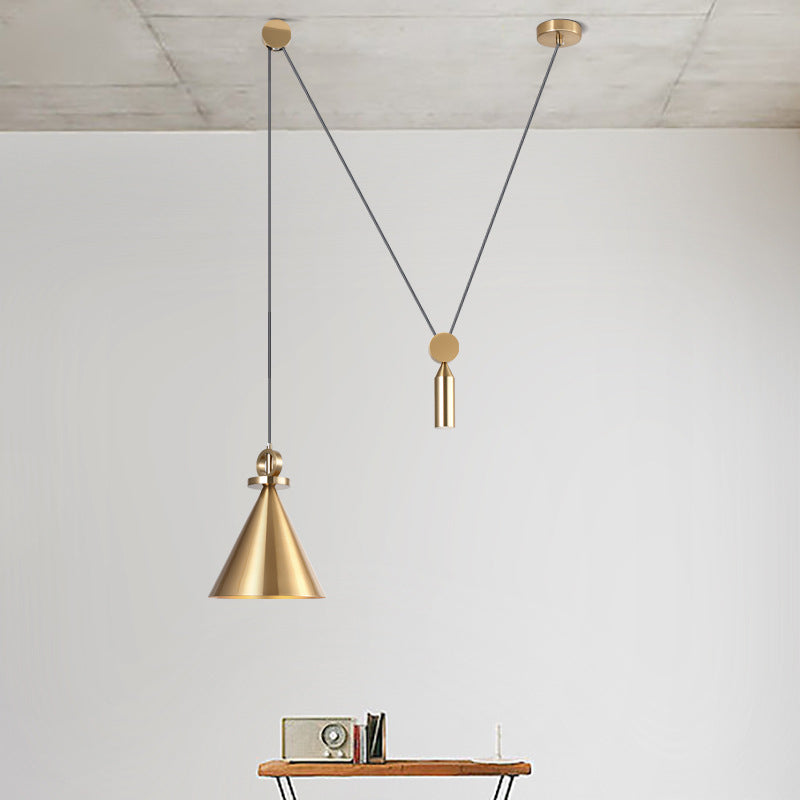 Postmodern Conical Metallic Ceiling Pendant Light With Gold Pulley For Living Room