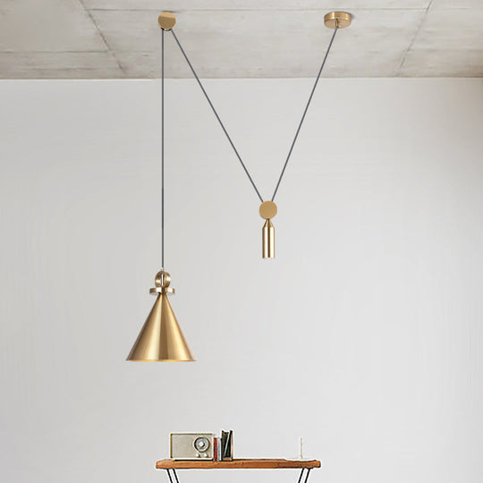 Postmodern Conical Metallic Ceiling Pendant Light With Gold Pulley For Living Room