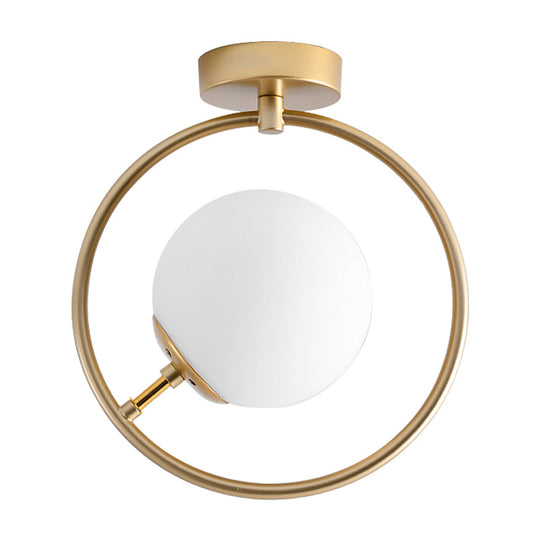 Sleek Gold Ball Semi Flush Light In Modern White/Yellow Glass – 1-Light Fixture With Iron Ring