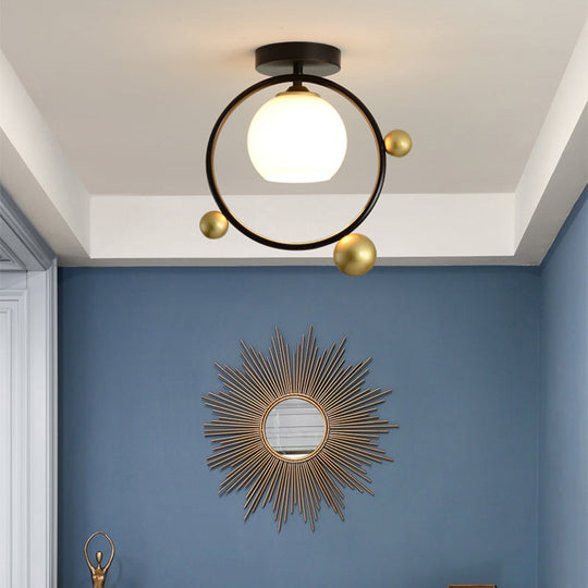White Glass Semi Flush Mount With Black Iron Ring Modernist 1 Light Fixture 10’/12’ Wide
