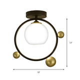 White Glass Semi Flush Mount With Black Iron Ring Modernist 1 Light Fixture 10/12 Wide