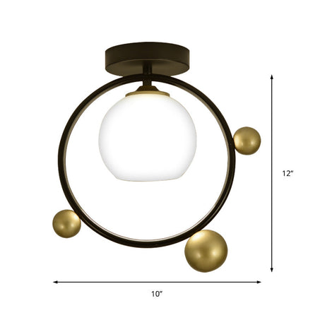 White Glass Semi Flush Mount With Black Iron Ring Modernist 1 Light Fixture 10/12 Wide
