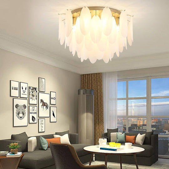 Contemporary White Glass Feather-Shaped Flush Mount Lamp - 22.5/28 Wide 6-Light Living Room Ceiling