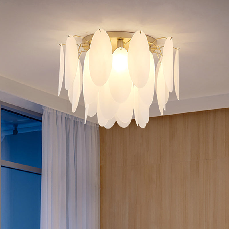 Contemporary White Glass Feather-Shaped Flush Mount Lamp - 22.5’/28’ Wide 6-Light Living Room
