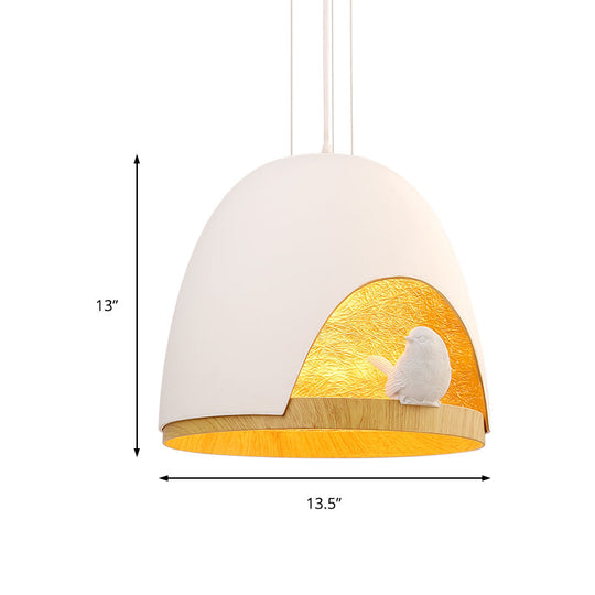 Contemporary Dome Pendant Lighting With Bird And Nest Design - White/Black Resin Hanging Lamp