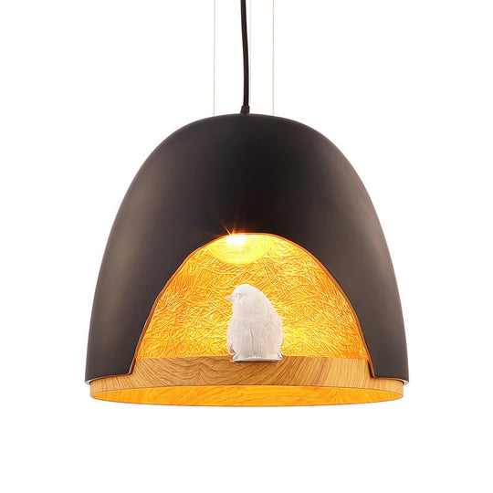 Contemporary Dome Pendant Lighting With Bird And Nest Design - White/Black Resin Hanging Lamp