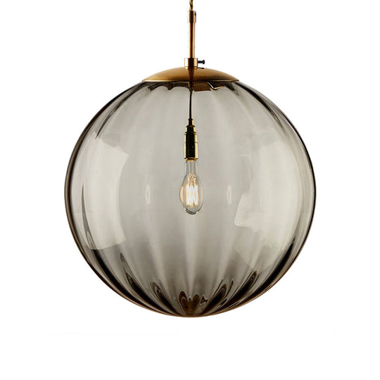 Modern Blue/Purple/Smoky Ribbed Glass Sphere Pendant Light - Led Hanging Ceiling Lamp For Bedroom