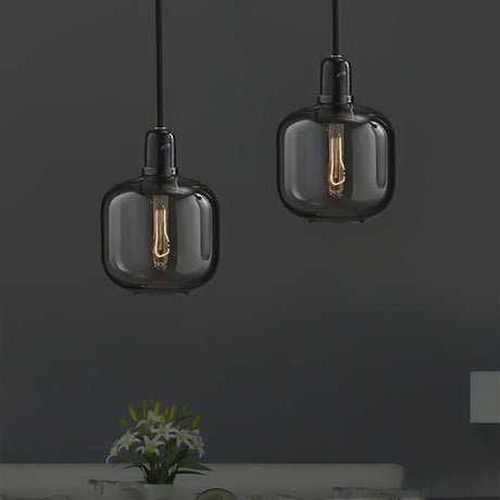 Modernist Amber/Smoky Glass Cylinder Pendant Ceiling Lamp - 1 Light Living Room Hanging 4/5.5 Wide