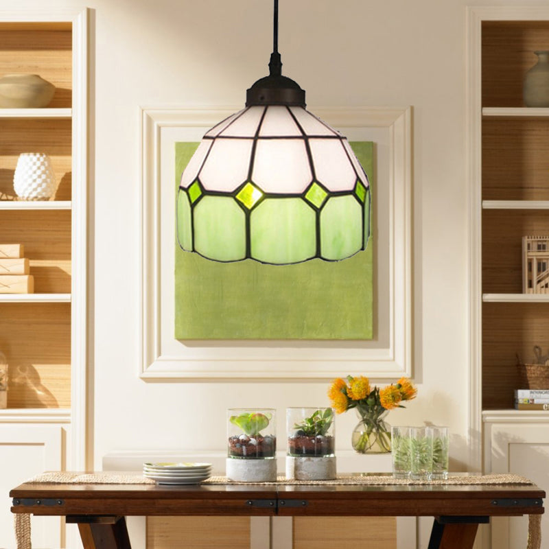 Tiffany Glass Ceiling Pendant Light - Green/Blue Hand Cut 1-Head Suspension Lamp For Restaurants