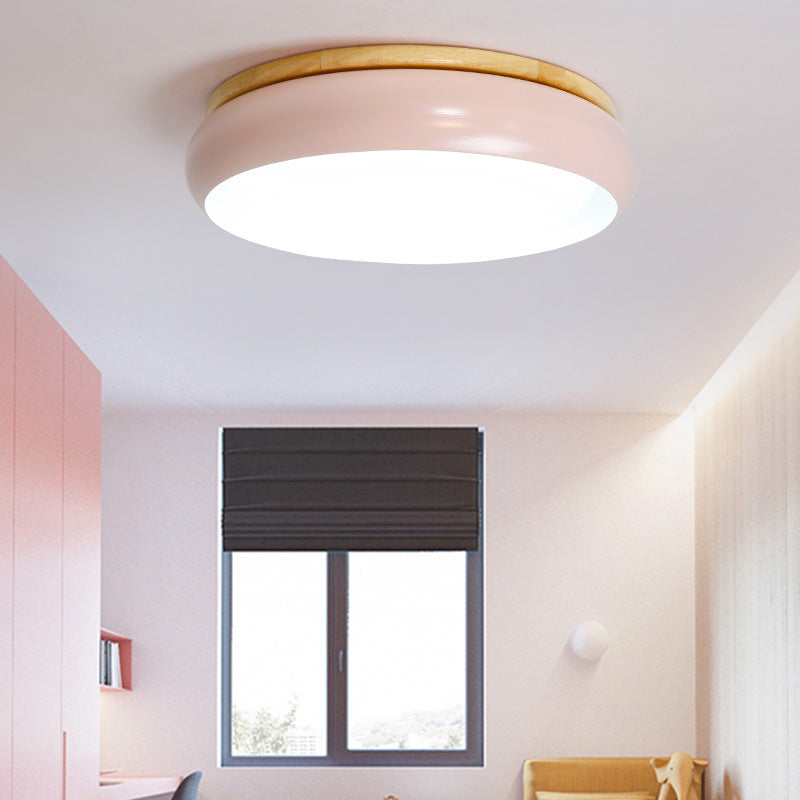 18/21.5 Dia Led Flush Mount Drum Lamp In Macaron Wood White/Pink/Green - White/Warm/Natural Light