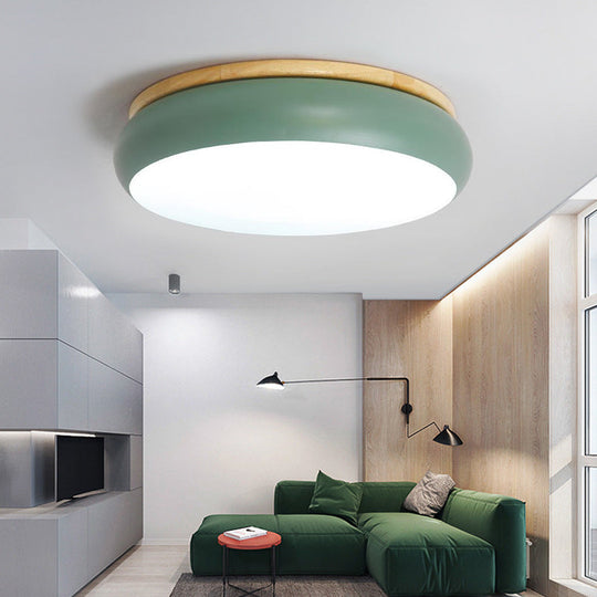 18/21.5 Dia Led Flush Mount Drum Lamp In Macaron Wood White/Pink/Green - White/Warm/Natural Light