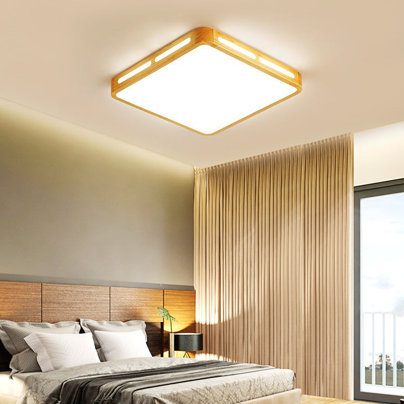 Modern Wood Beige Led Ceiling Light For Bedroom - Rectangle Flush Mount Lamp 12/18/21/25.5 Wide