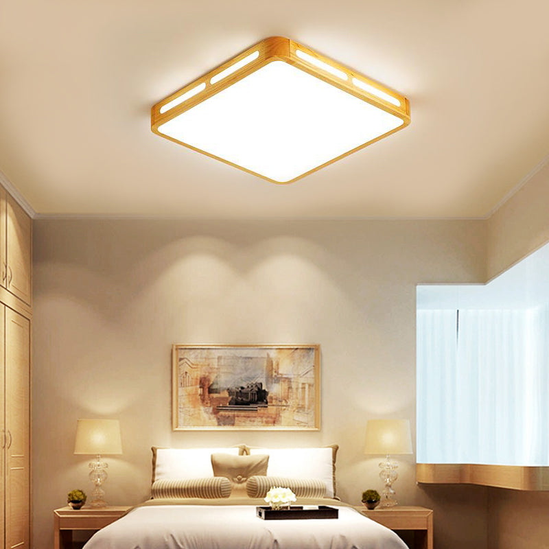 Modern Wood Beige Led Ceiling Light For Bedroom - Rectangle Flush Mount Lamp 12’/18’/21’/25.5’ Wide