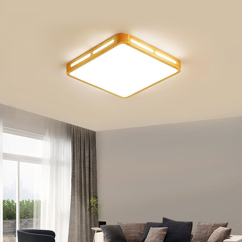 Modern Wood Beige Led Ceiling Light For Bedroom - Rectangle Flush Mount Lamp 12’/18’/21’/25.5’ Wide