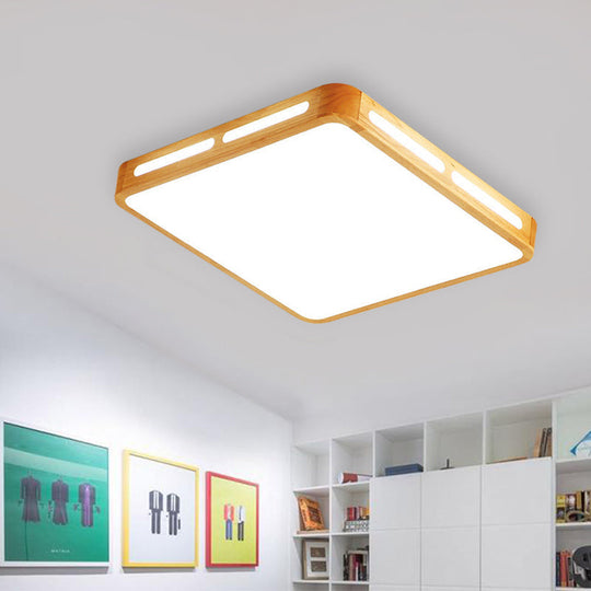 Modern Wood Beige Led Ceiling Light For Bedroom - Rectangle Flush Mount Lamp 12’/18’/21’/25.5’ Wide