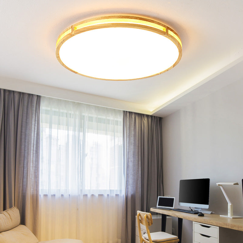 Contemporary Wood Beige Led Flush Mount Lamp - 14/16/19.5 Dia Circle With Acrylic Diffuser