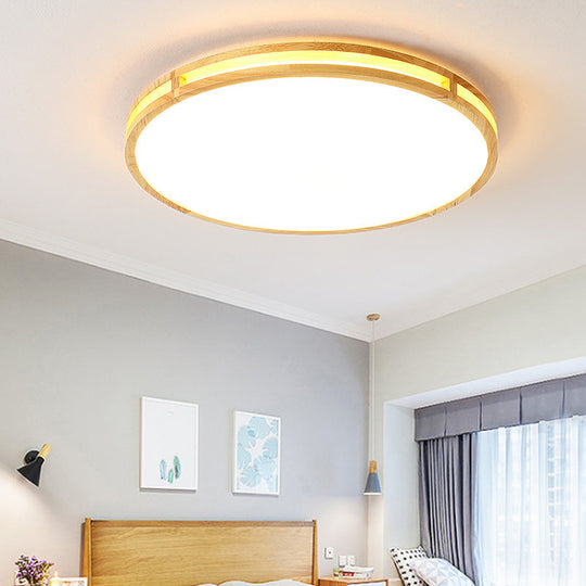 Contemporary Wood Beige Led Flush Mount Lamp - 14/16/19.5 Dia Circle With Acrylic Diffuser