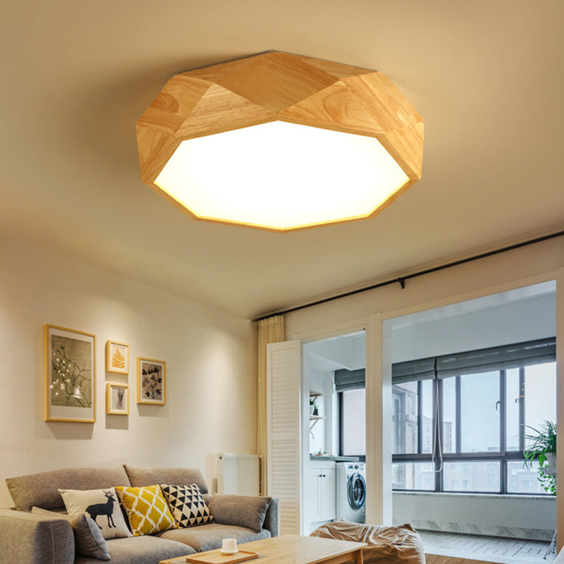 Modern Geometric Wood Beige Ceiling Light With Acrylic Diffuser - Led Flush Mount Lamp 18/26 Wide /