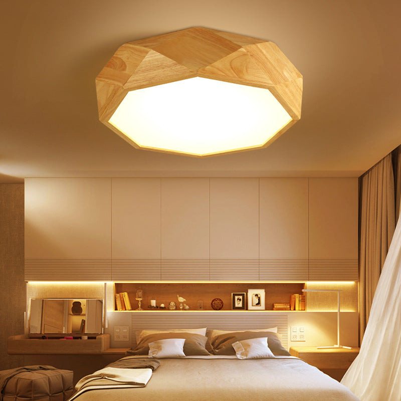 Modern Geometric Wood Beige Ceiling Light With Acrylic Diffuser - Led Flush Mount Lamp 18’/26’ Wide