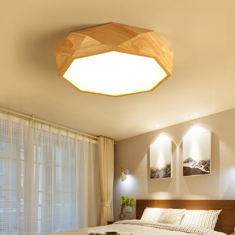 Modern Geometric Wood Beige Ceiling Light With Acrylic Diffuser - Led Flush Mount Lamp 18’/26’ Wide