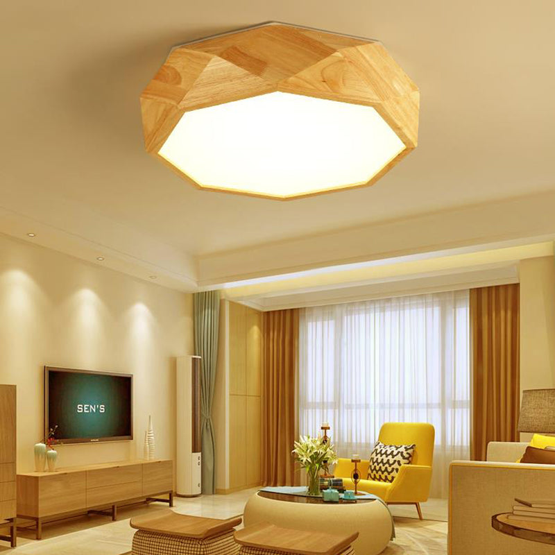 Modern Geometric Wood Beige Ceiling Light With Acrylic Diffuser - Led Flush Mount Lamp 18’/26’ Wide