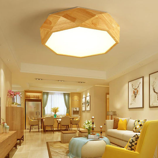 Modern Geometric Wood Beige Ceiling Light With Acrylic Diffuser - Led Flush Mount Lamp 18’/26’ Wide