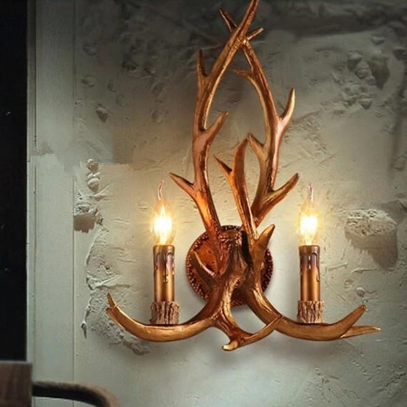 Brown Deer Horn Wall Light With Resin Heads And Candle Decor Perfect For Restaurants