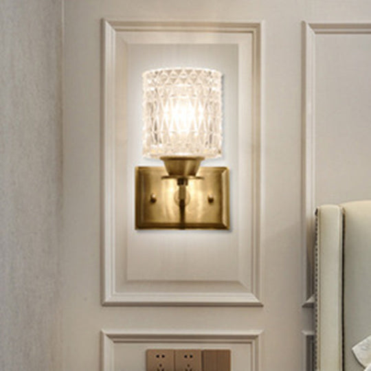 Contemporary Brass Wall Light Fixture With Lattice Glass For Corridor - Cylinder Shape