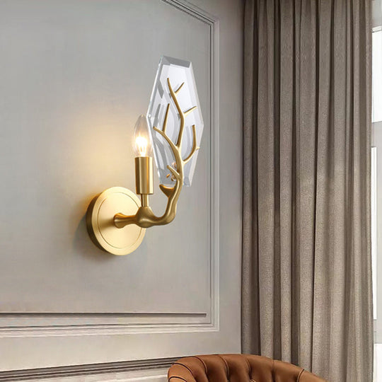 Hexagonal Crystal Wall Lamp - Artistic Single Fixture In Brass For Living Room