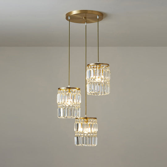 Modern Brass Pendant Chandelier With Tri-Prism Crystals - 3-Light Dining Room Fixture