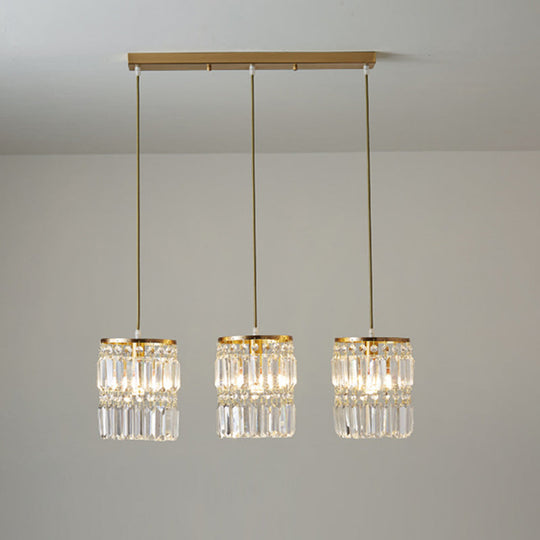 Brass Multi-Light Chandelier With Cylinder Hanging Pendant And Tri-Prism Crystal For Contemporary