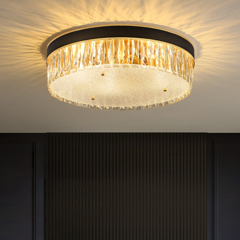 Faceted Crystal Drum Flush Mount Black Minimalist Lighting Fixture