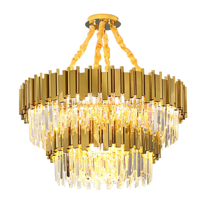 Modern Drum Chandelier Pendant Light With Crystal Tri-Prism Design - Gold
