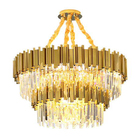 Modern Drum Chandelier Pendant Light With Crystal Tri-Prism Design - Gold