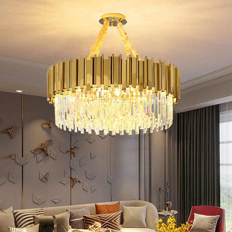 Modern Gold Drum Chandelier Pendant Light With Crystal Tri-Prism Design - Ideal For Living Room